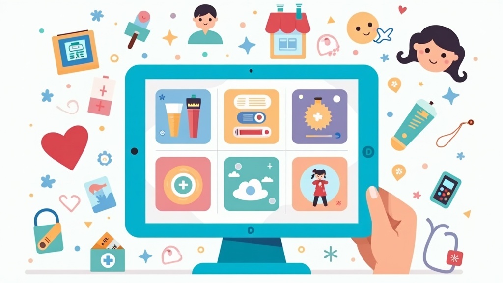Colorful digital health and diabetes care app icons on a tablet surrounded by medical symbols.